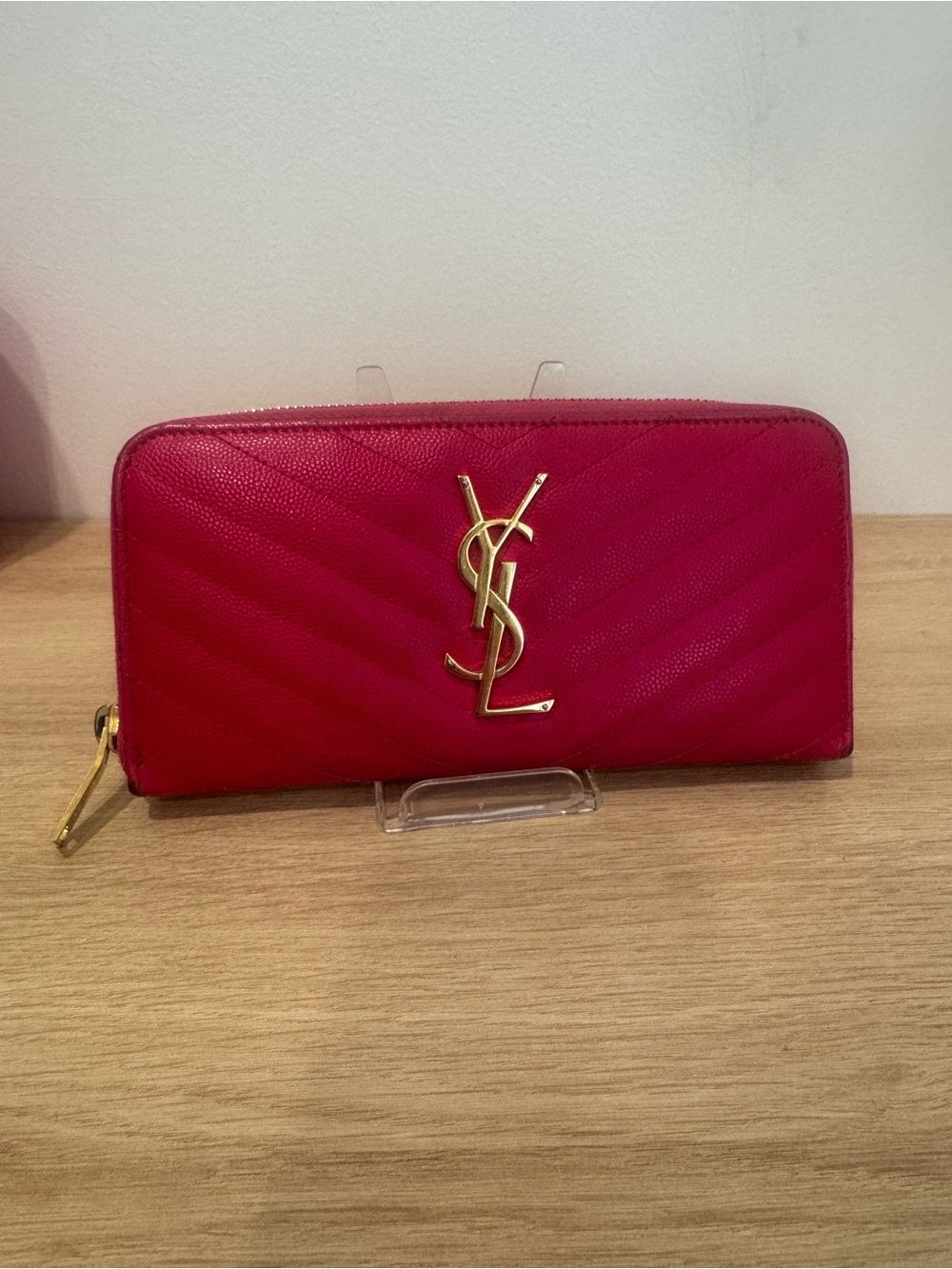 Saint Laurent Quilted Zip-Around Wallet in hot pink